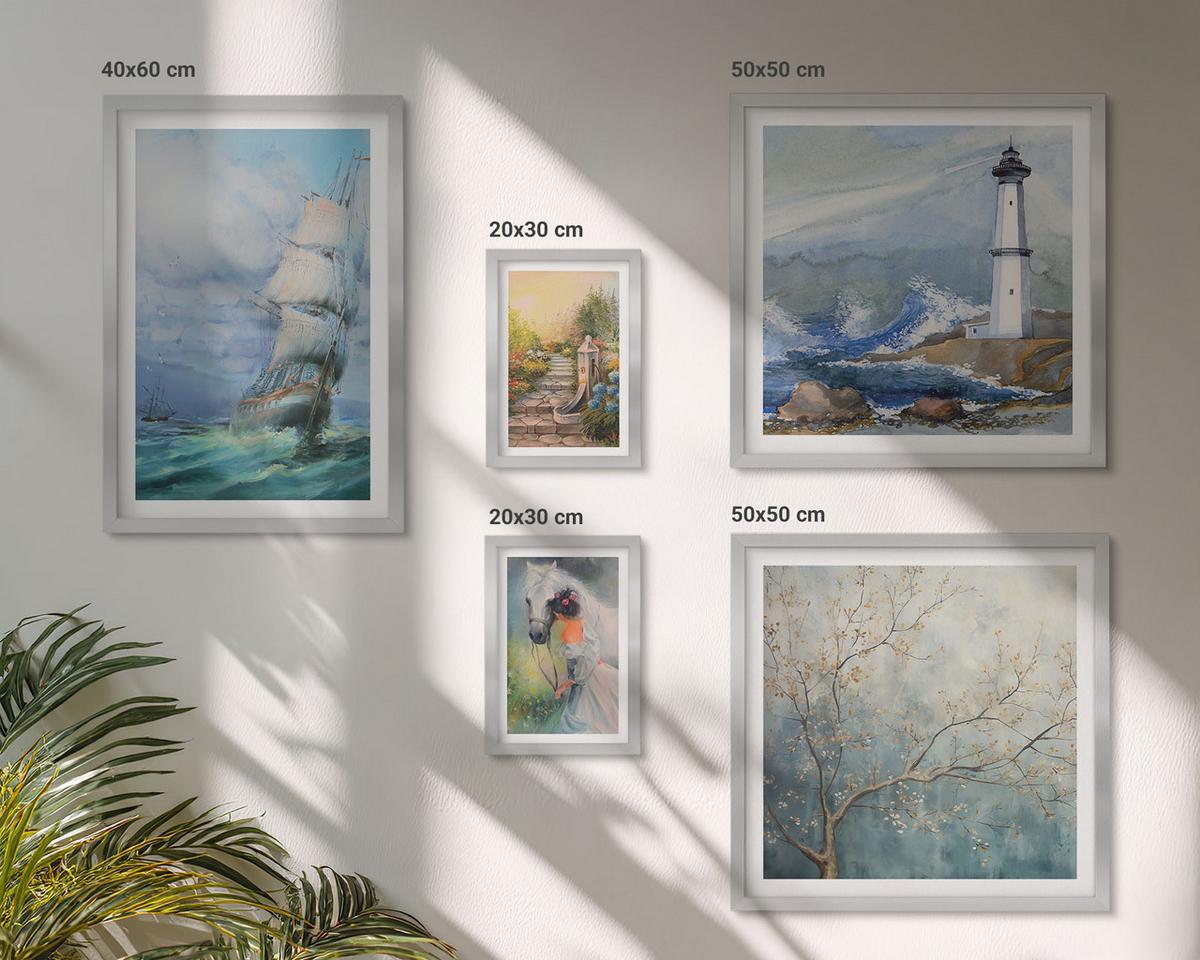 BILDER SET 5er Set - 50x50 cm & 20x30 cm & 40x60 cm Silberner Rahmen - Familienillustrationen Hausschilder - Silberfarben, Kunststoff (40/60cm) - TULUP