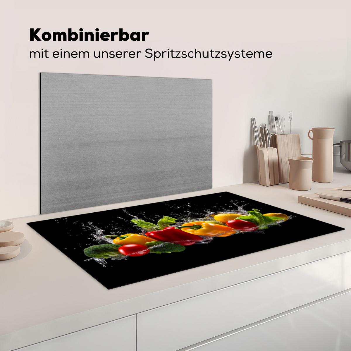 HERDABDECKPLATTE Paprika - Wasser - Gemüse - Schwarz Ceranfeldabdeckung 90x52 cm - Multicolor, Kunststoff (90/52/0.2cm) - MuchoWow