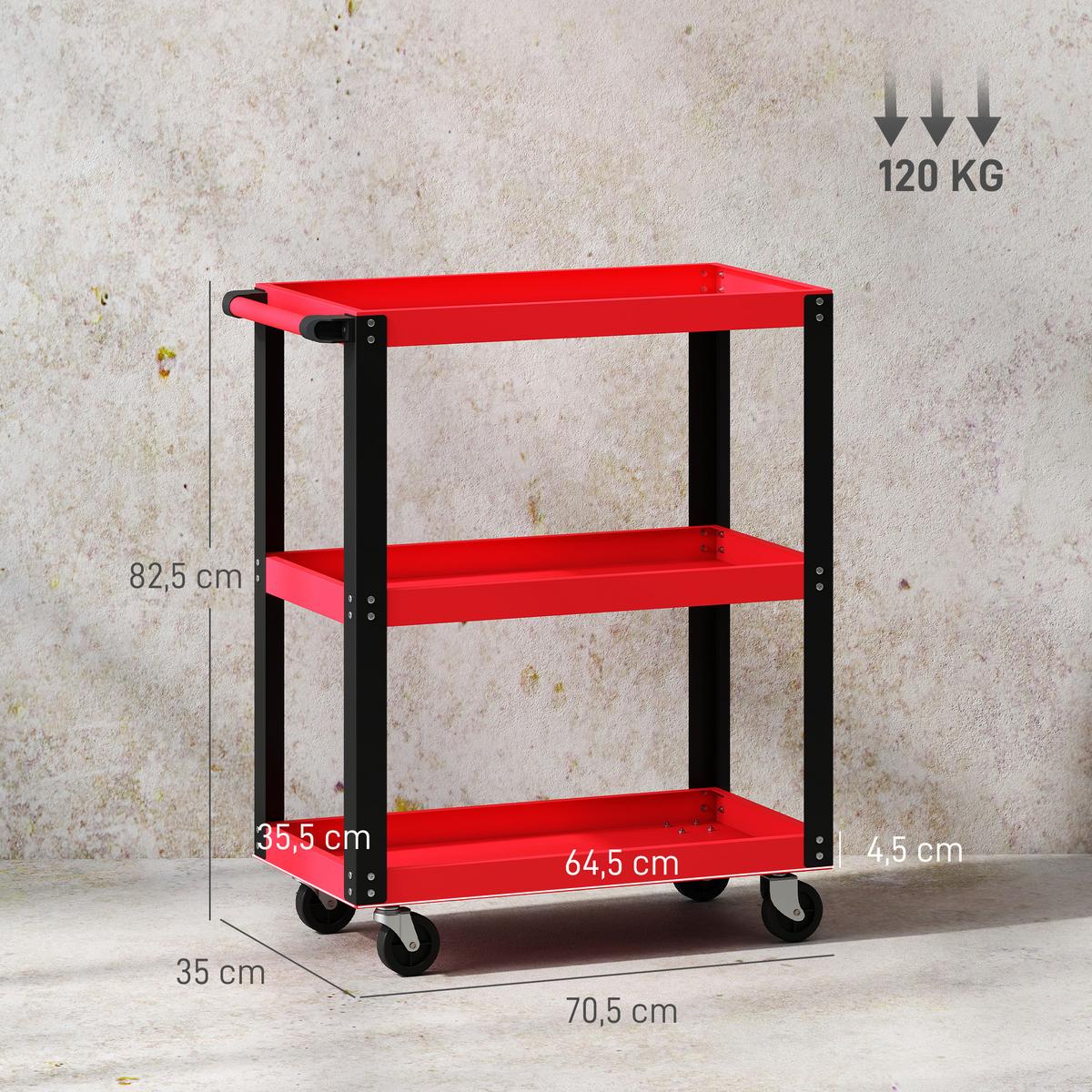 WERKSTATTWAGEN mit 3 Etagen Werkzeugwagen Transportwagen mit Griff - Rot, Metall (35/82.5/70.5cm) - HOMCOM