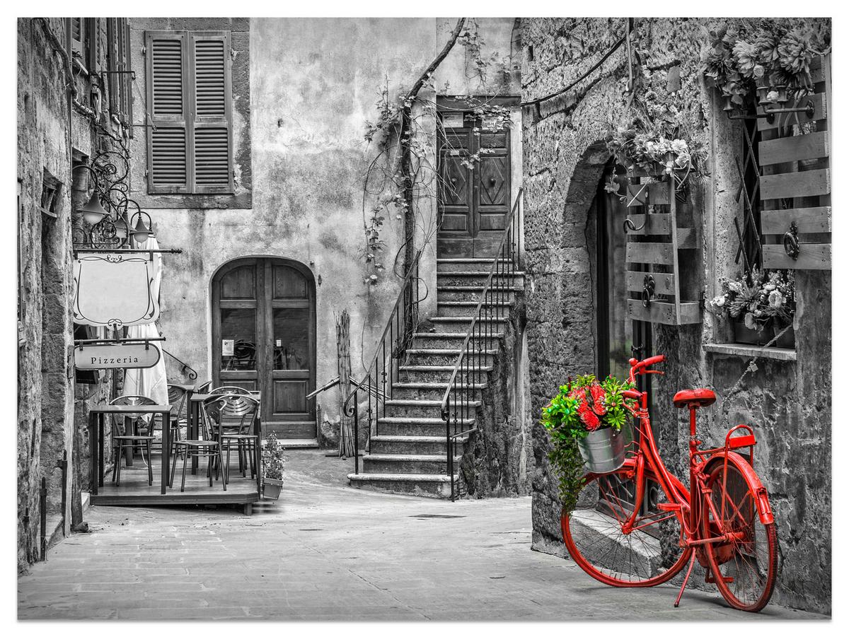 FOTOTAPETE für Wohnzimmer Italienische Gasse Rotes Fahrrad Toskana 400x280 - Rot/Schwarz, Papier (400/280cm) - Muralo