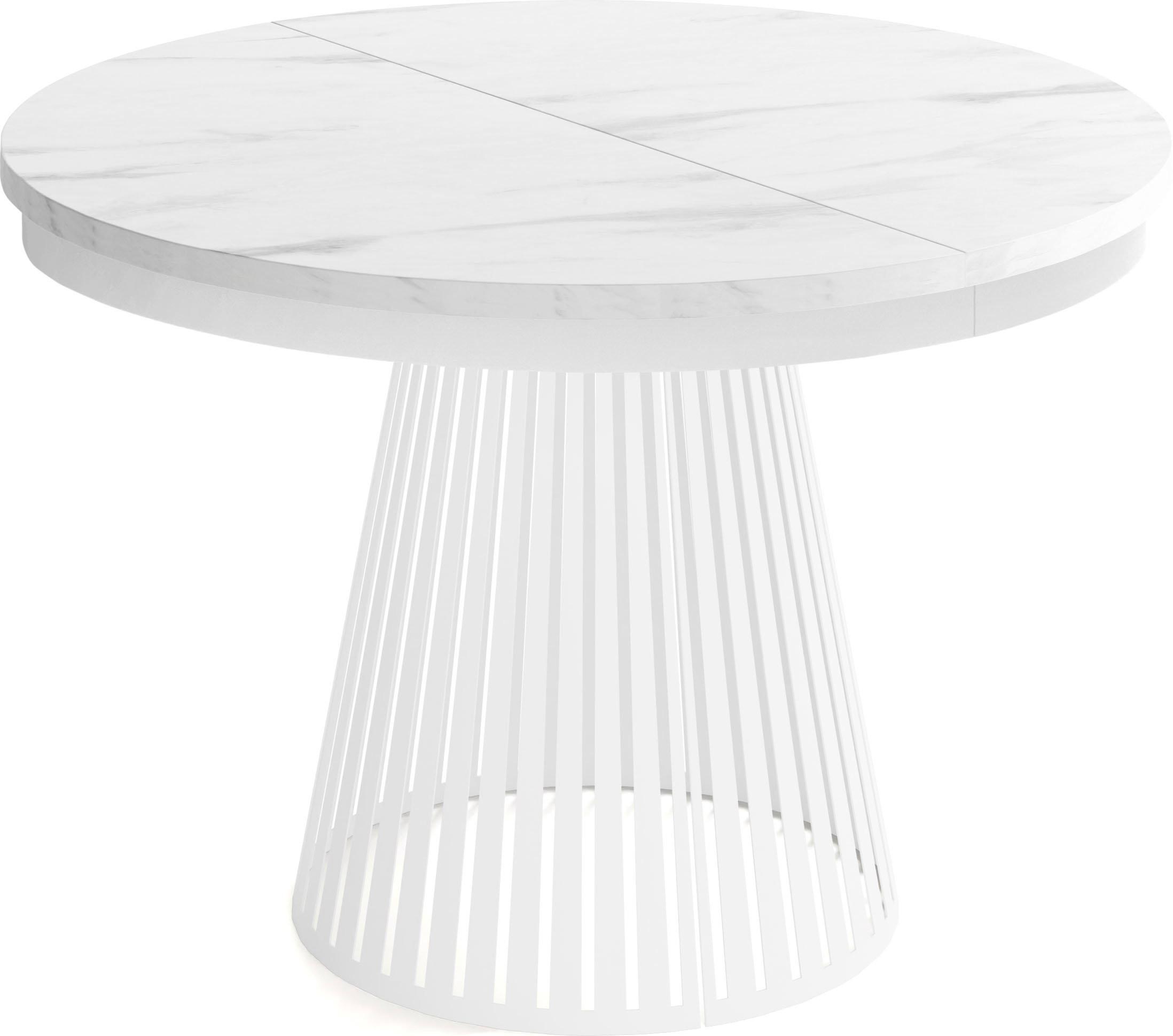 ESSTISCH Naro rund ausziehbar mit Weißem Lamellen-Metallgestell, Marmor Weiß 120-200/120/76 cm - Ecru/Weiß, Holzwerkstoff/Metall (120/196/76cm) - WFL GROUP