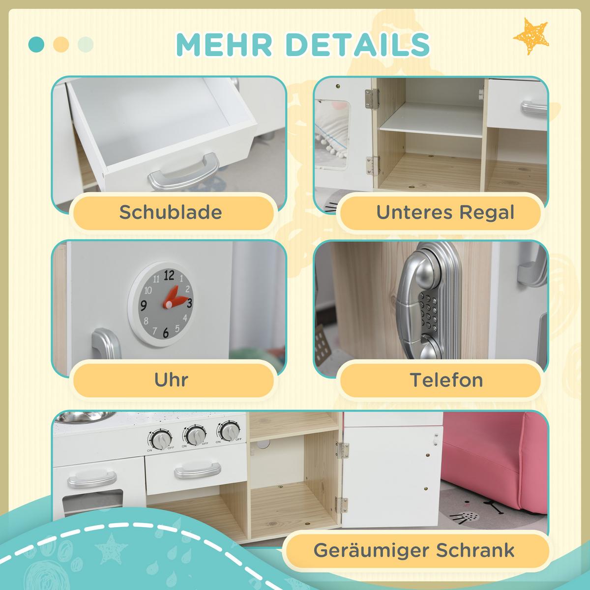 KINDERKÜCHE mit Zubehör Traumküche Spielküche Spielzeugküche Kiefer MDF Weiß - Weiß, Holzwerkstoff (74/30/81cm) - HOMCOM