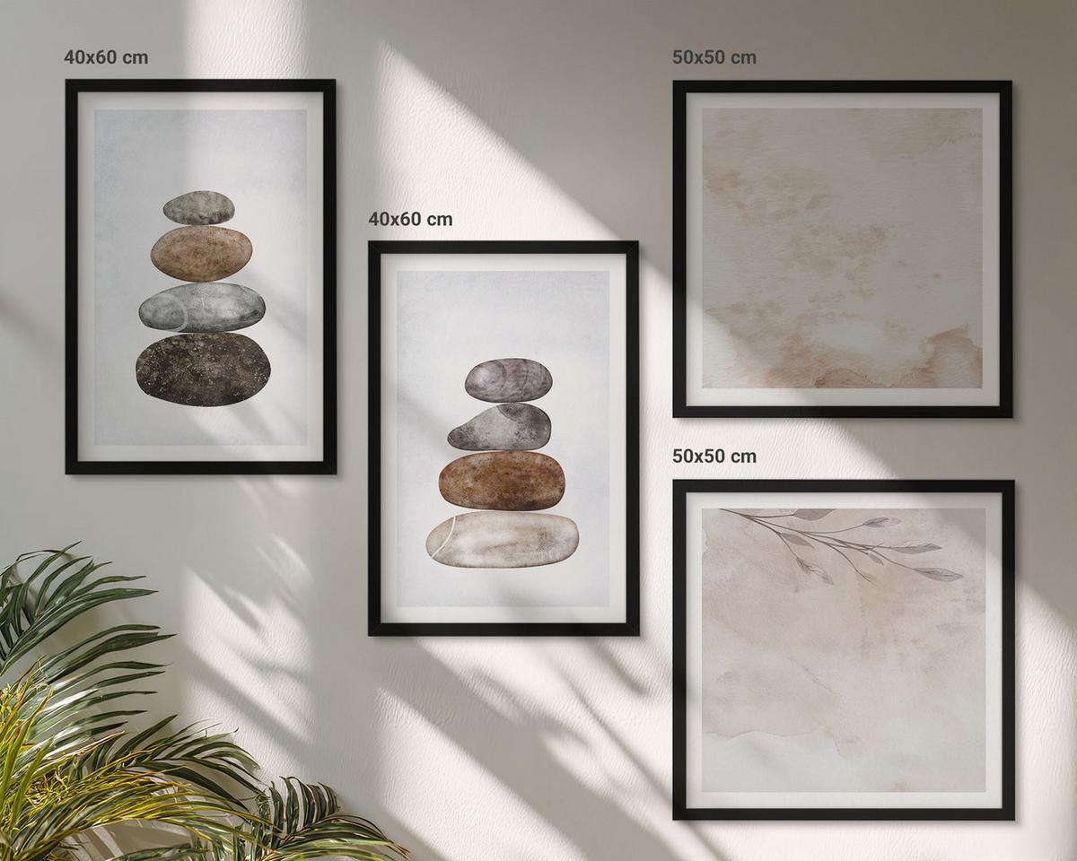 BILDER SET 4er Set - 50x50 cm & 40x60 cm Schwarzer Rahmen - Steinstapel-Boho-Malerei - Schwarz, Kunststoff (50/50cm) - TULUP