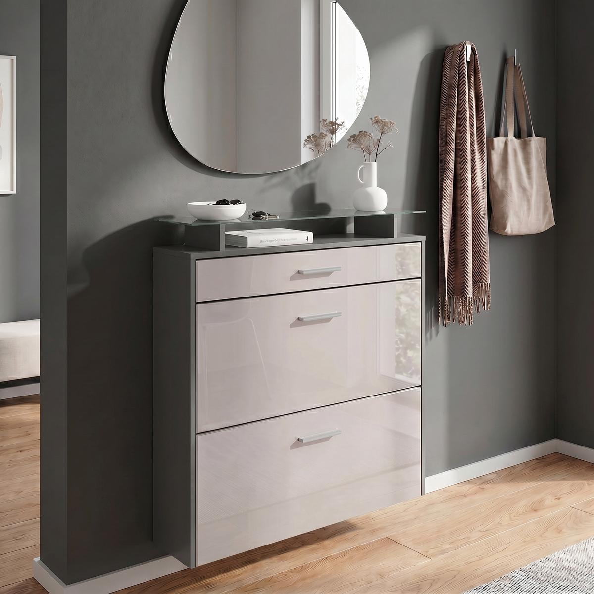 SCHUHSCHRANK Malea Fronten in Sandgrau Hochglanz - Sandfarben, Holzwerkstoff (89/96/23cm) - Vladon