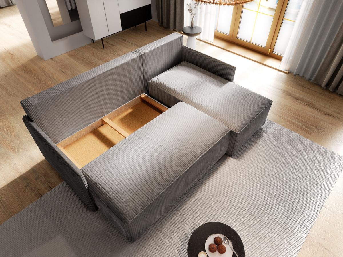 ECKSOFA PERUSI Grau Kordstoff mit Schlaffunktion - Grau, Holz/Kunststoff (206/143cm) - MASSENO