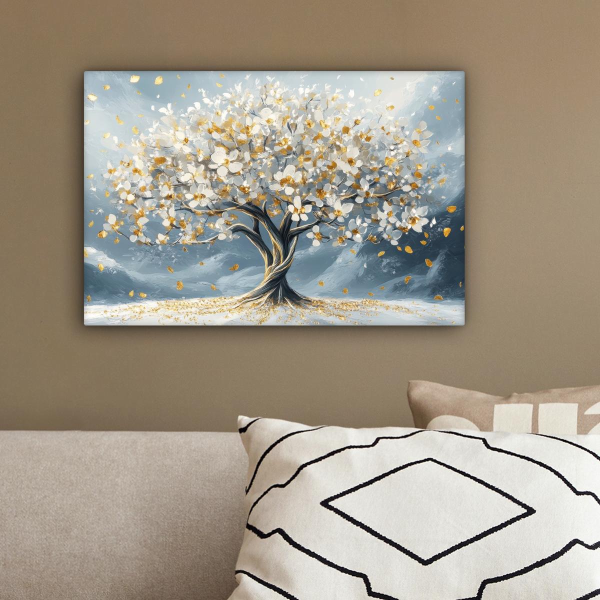 LEINWANDBILD Baum - Winter - Baum des Lebens - Modern - Gold Deko Schlafzimmer 30x20 cm - Goldfarben, Textil (30/20cm) - MuchoWow