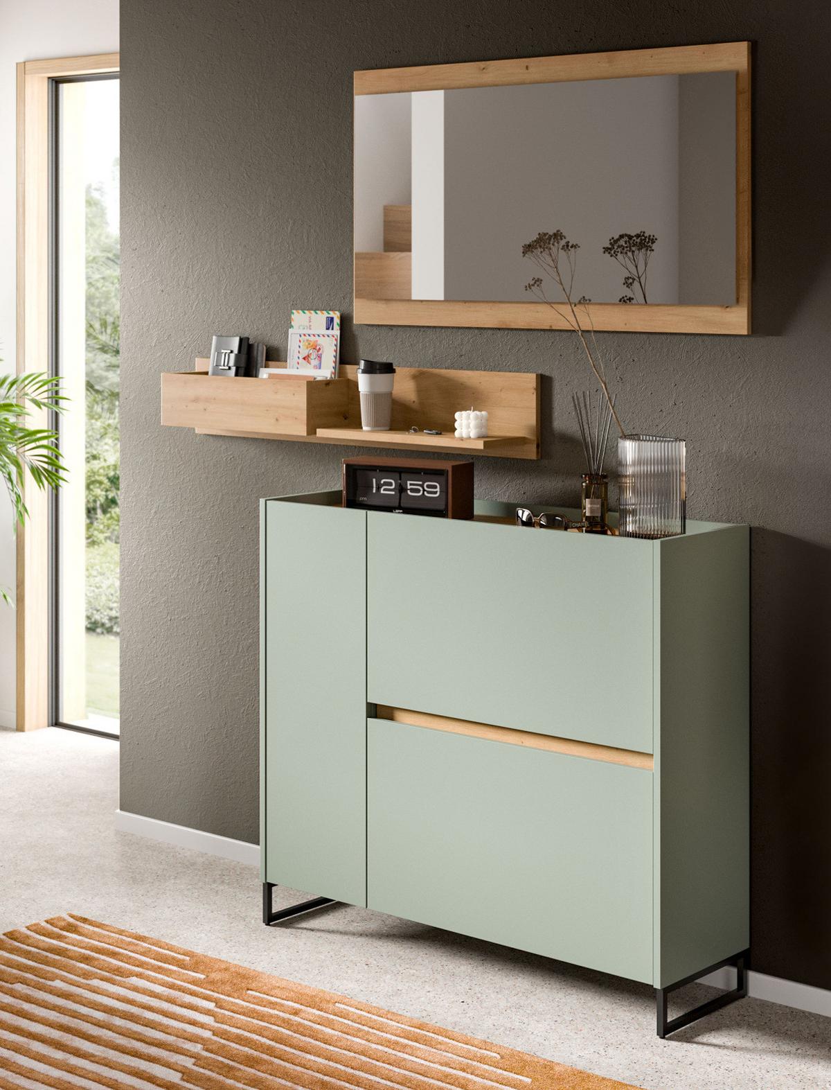 GARDEROBE-SET Salbei und Artisan Eiche, Garderobe 3-teilig, 140 x 192 cm, Soft-Close, Borga - Salbeigrün/Schwarz, Holzwerkstoff/Metall (140/192/32cm) - Inn.Furn