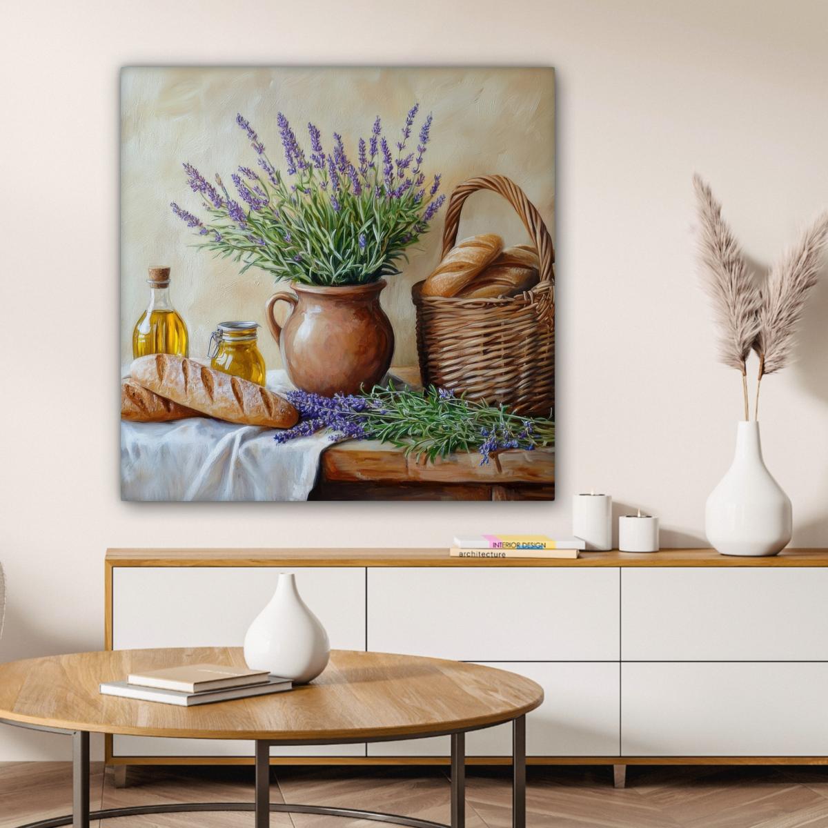LEINWANDBILD Lavendel - Brot - Stilleben Deko Groß 90x90 cm - Flieder, Textil (90/90cm) - MuchoWow