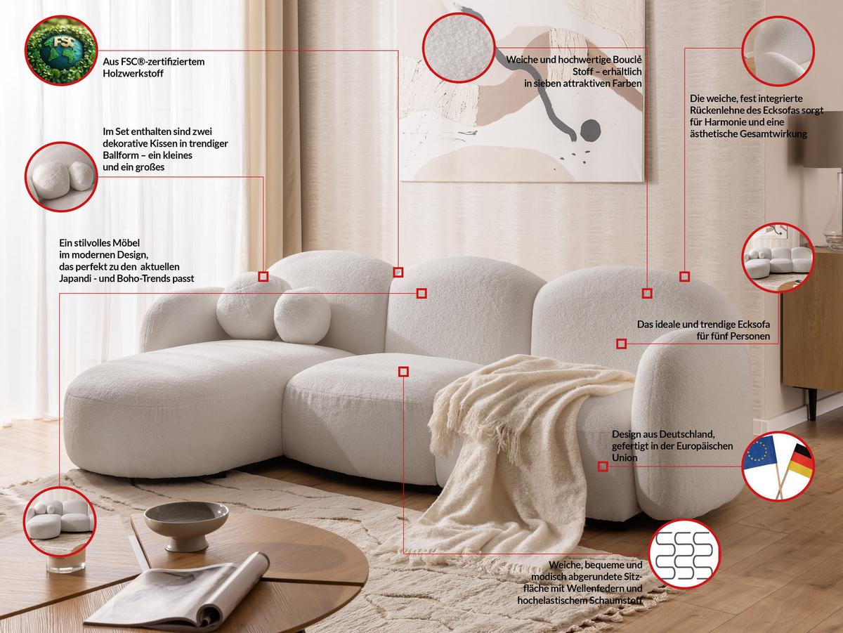 ECKSOFA Nuvola mit abgerundetem Design Weiß Bouclé-Stoff - Ottomane Links - Schwarz/Weiß, Holz/Kunststoff (268/146cm) - S-Style