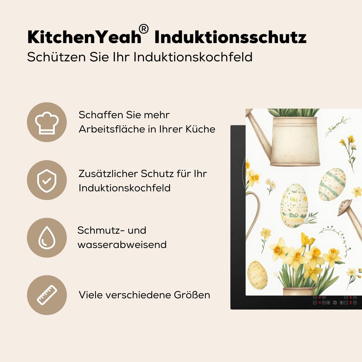 HERDABDECKPLATTE Gießkanne - Blumen - Eier Induktionsmatte 83x51 cm - Weiß, Kunststoff (83/51.5/0.2cm) - MuchoWow