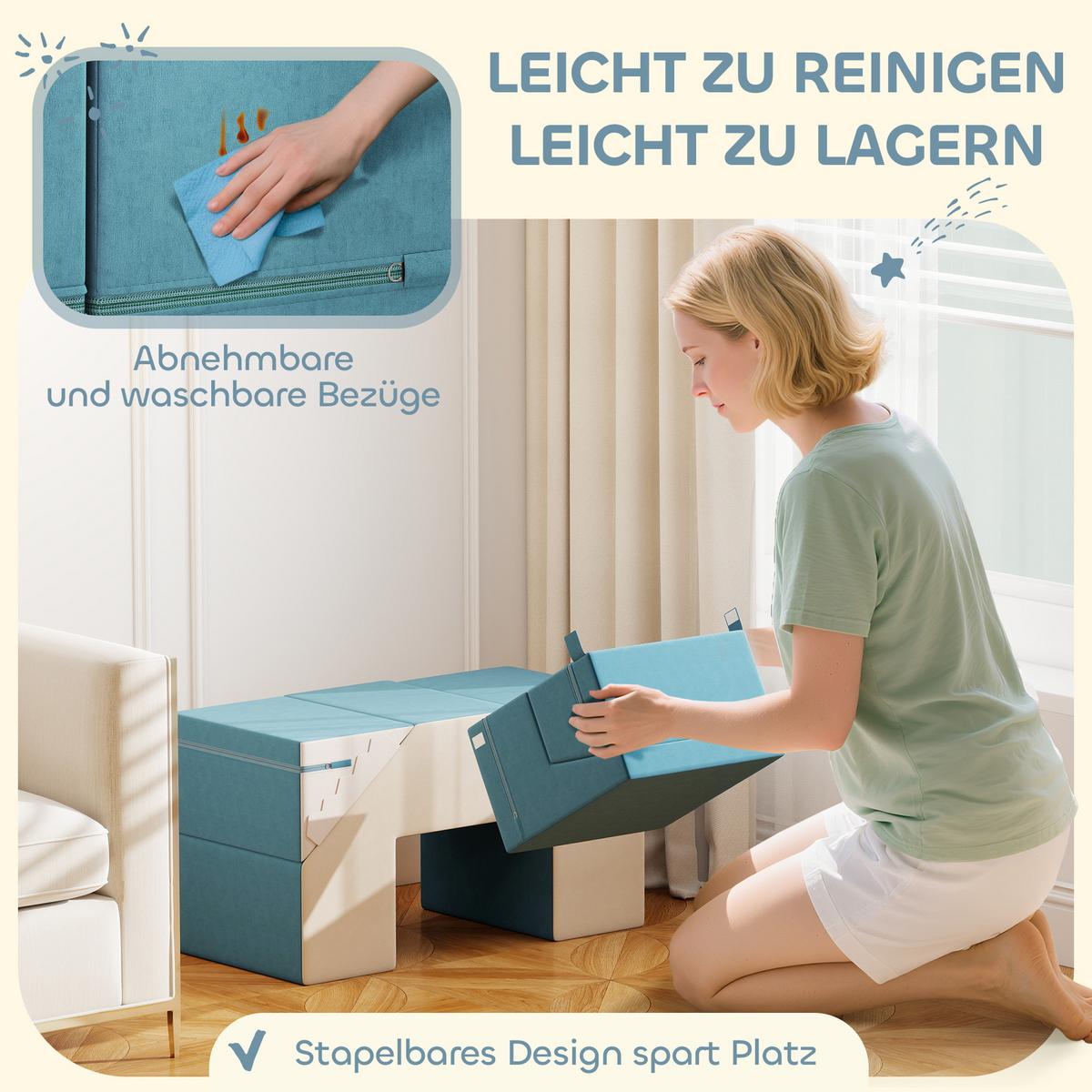 KINDER Schaumstoff Bausteine 2er Set Bausteinset mit Samtoptik Beige+Blau - Beige, Textil (39/131cm) - AIYAPLAY