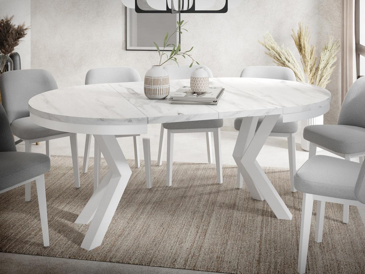 ESSTISCH Clara Weiß runder ausziehbarer, Marmor Weiß 120-200/120/76 cm - Ecru/Weiß, Holzwerkstoff/Metall (120/196/76cm) - WFL GROUP