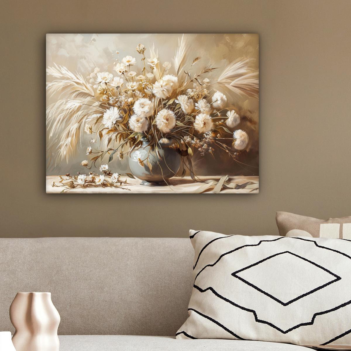 LEINWANDBILD Blumen - Vase - Stilleben - Beige Wandbild 40x30 cm - Creme, Textil (40/30cm) - MuchoWow