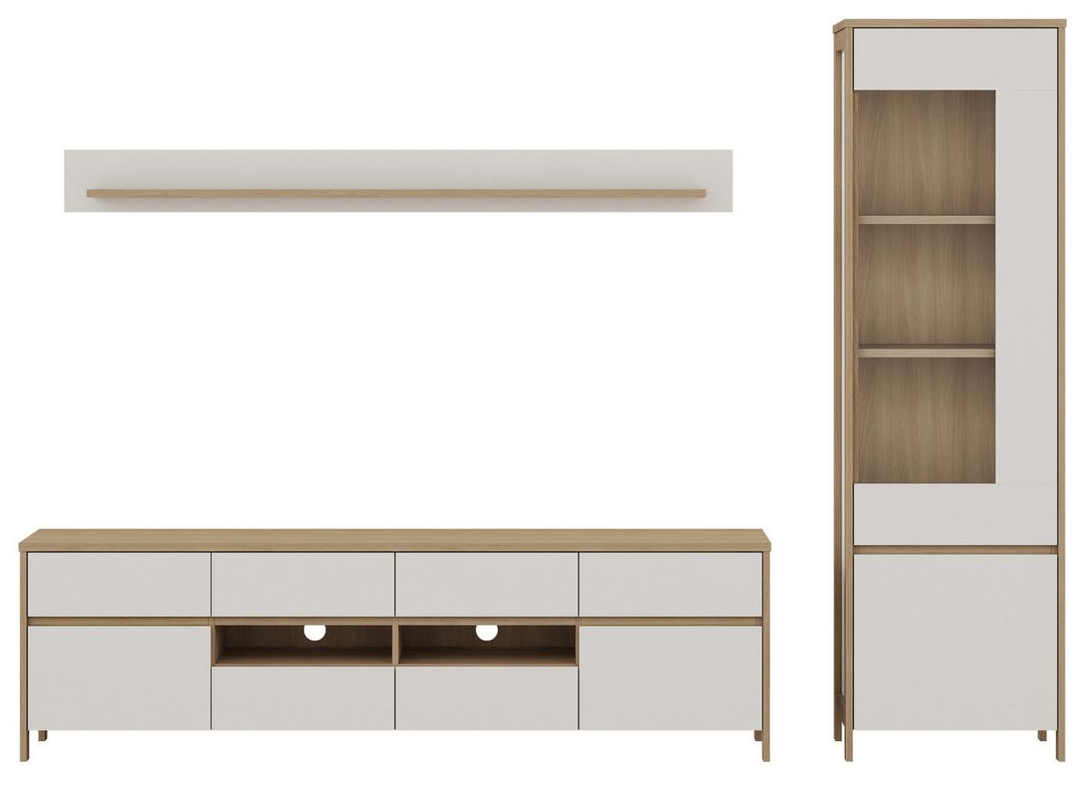 WOHNWAND weiß, Eiche, Wohnkombination skandinavisch 3-teilig 266 cm, Soft-Close, Finnes - Eichefarben/Weiß, Holzwerkstoff/Metall (266/195/39cm) - Furn.Design