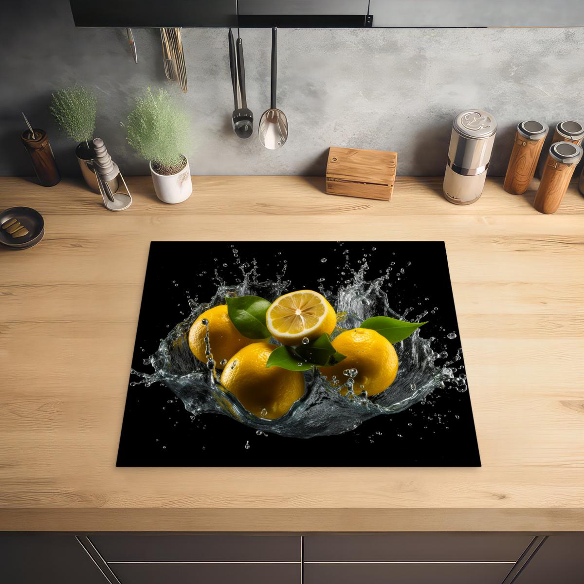 HERDABDECKPLATTE Zitrone - Obst - Gelb - Schwarz Abdeckung Ceranfeld 59x51 cm - Gelb, Kunststoff (59/51/0.2cm) - MuchoWow
