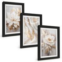 BILDER SET 3er Set - 20x30 cm Schwarzer Rahmen - Abstrakte Blumen aus Marmor - Schwarz, Kunststoff (20/30cm) - TULUP