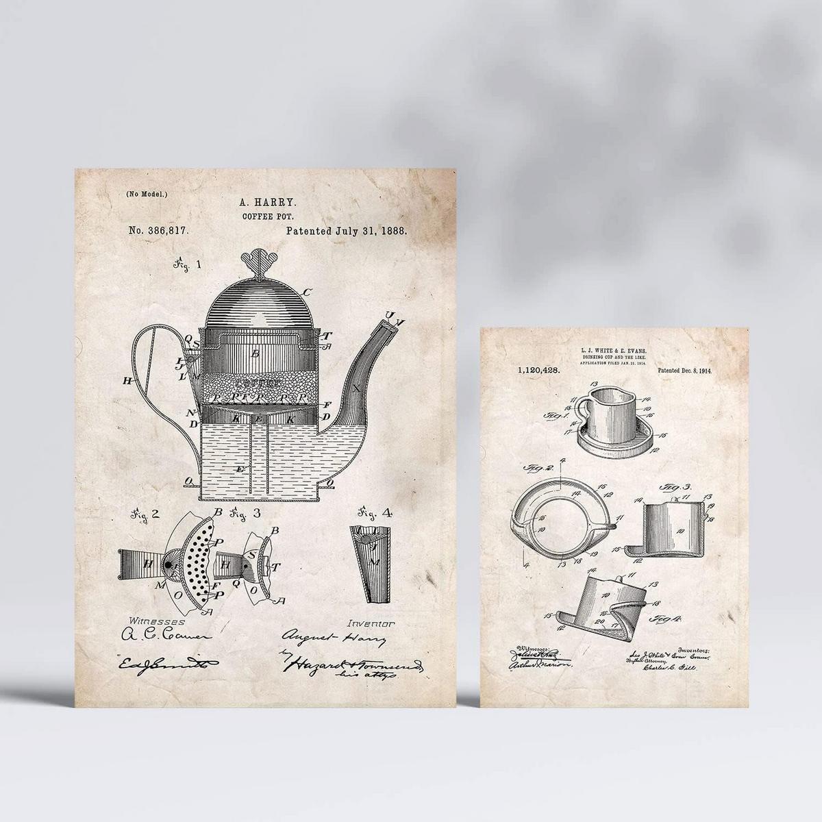 POSTER Set Mit 6 Plakaten Mit Kaffeemaschine Patenten Plakate Mit Retro Patentabbildungen Inneneinrichtung Im Vintage Stil A3 & A4 Rahmenlos - Klar, Papier (29/3cm) - Nacnic