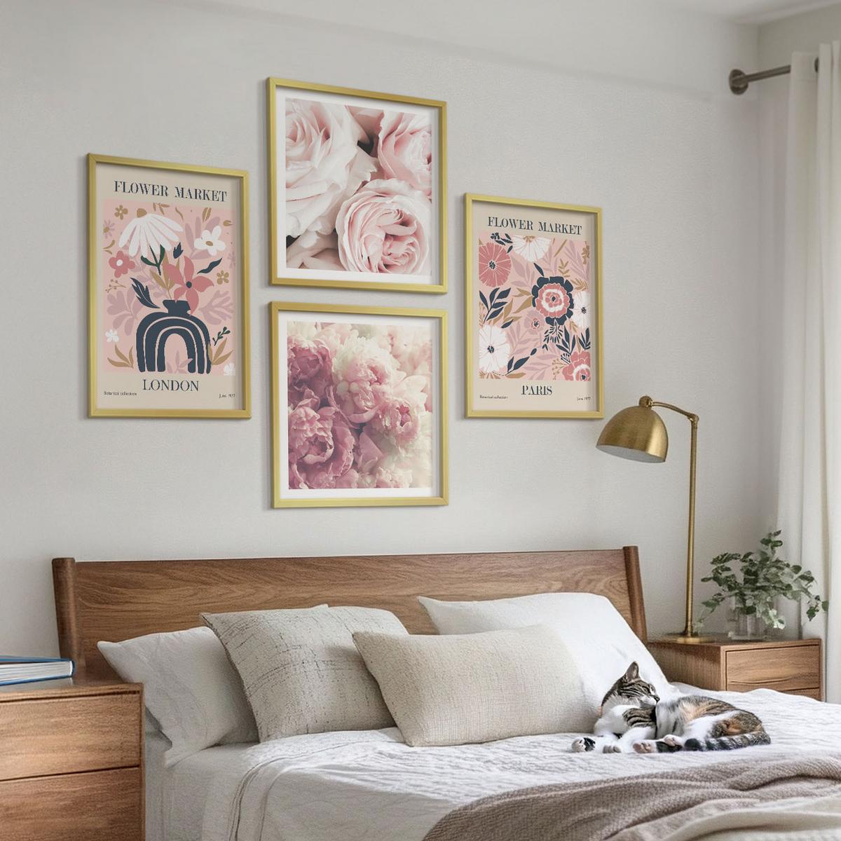BILDER SET 4er Set - 50x50 cm & 40x60 cm Goldrahmen - Blumenmotive Rosen Paris - Goldfarben, Kunststoff (50/50cm) - TULUP