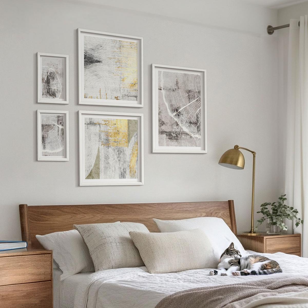 BILDER SET 5er Set - 50x50 cm & 20x30 cm & 40x60 cm Weißer Rahmen - Beige abstrakte Formen Linien - Weiß, Kunststoff (40/60cm) - TULUP