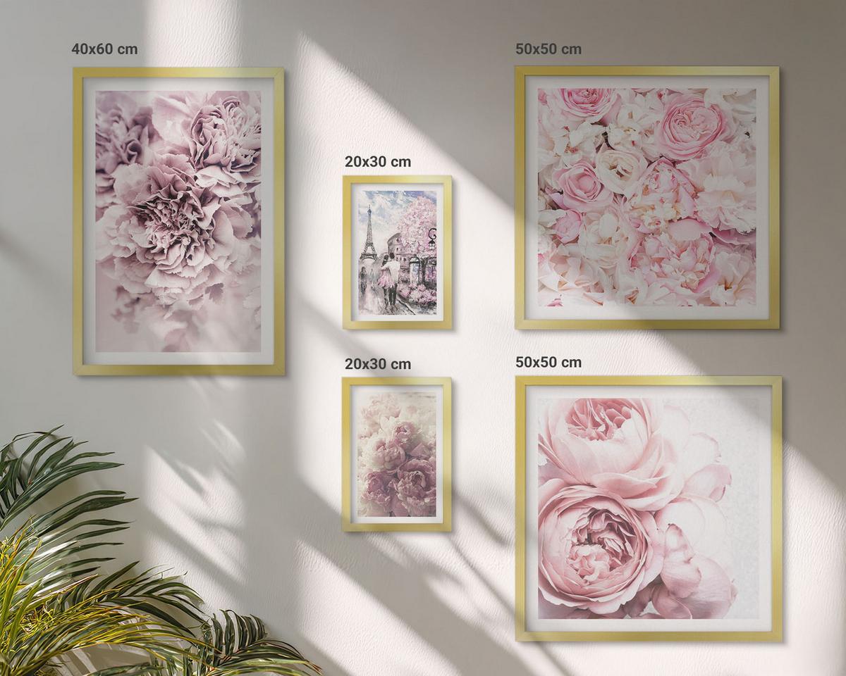 BILDER SET 5er Set - 50x50 cm & 20x30 cm & 40x60 cm Goldrahmen - Rosa Blumen, romantische Landschaft - Goldfarben, Kunststoff (40/60cm) - TULUP