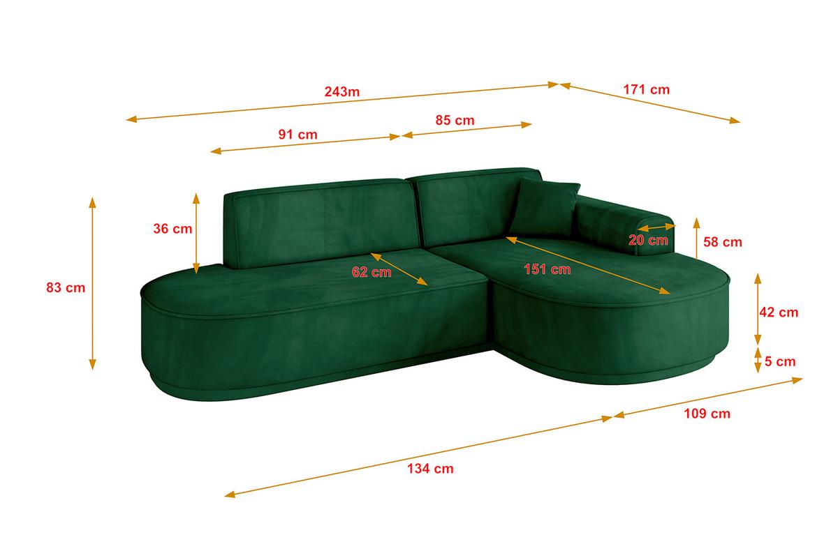 ECKSOFA Ottomane Rechts MARI-L1-v3 - 243x171x83 cm Dunkelgrün Velours - Dunkelgrün/Schwarz, Holzwerkstoff/Kunststoff (171/243cm) - ALTDECOR