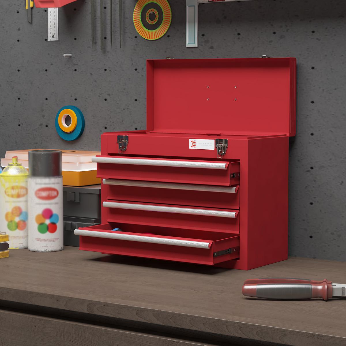 WERKZEUGKOFFER leer, 51 x 22 x 39,5 cm Werkzeugkasten mit 4 Schubladen Rot - Rot, Metall (22/39.5/51cm) - DURHAND