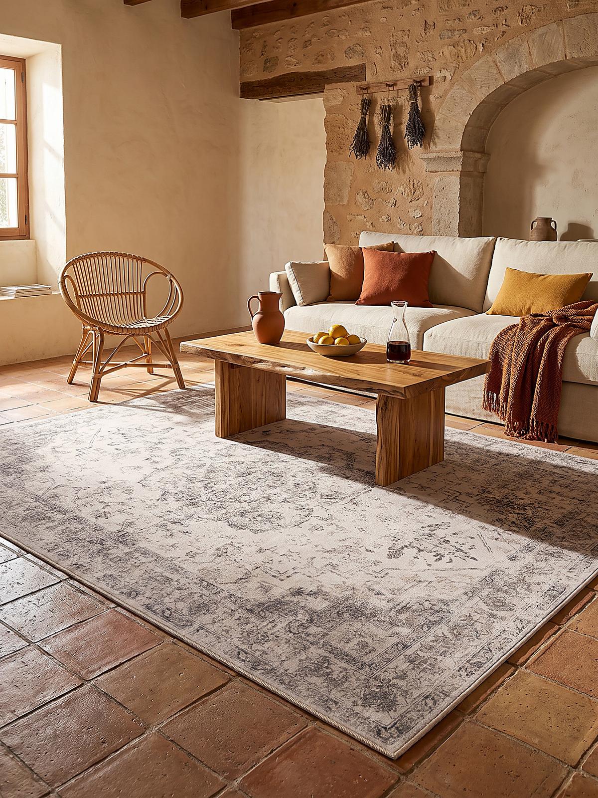 TEPPICH Kurzflor, waschbar, mit floralen Ornamenten, VERNANTE in Beige-Grau, 140 x 200 cm - Beige, Textil (140/200cm) - KADIMA DESIGN