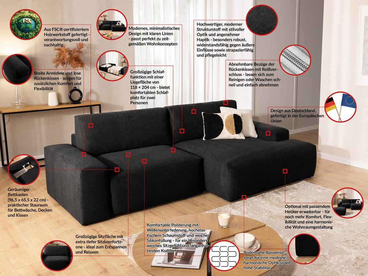 ECKSOFA inkl. Hocker Lennon aus Schwarz Strukturstoff mit Schlaffunktion und Bettkasten - Schwarz, Holz/Kunststoff (264/137cm) - S-Style