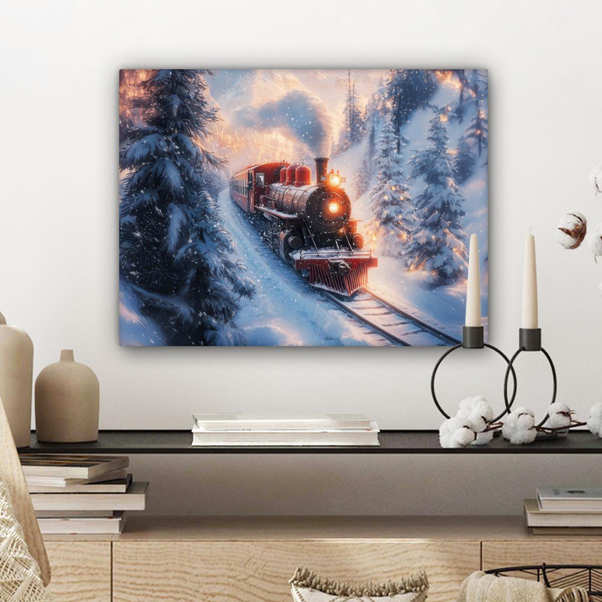 LEINWANDBILD Weihnachtszug - Schnee - Winter - Weihnachten Wandbild 40x30 cm - Dunkelrot, Textil (40/30cm) - MuchoWow