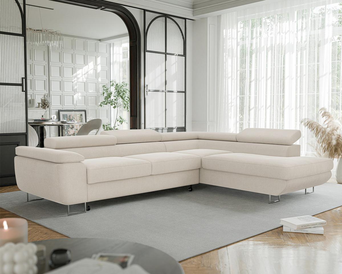 ECKSOFA ANTON rechts, mit Schlaffunktion und Bettkasten Creme - Chromfarben/Creme, Textil/Metall (274/203cm) - Idohome