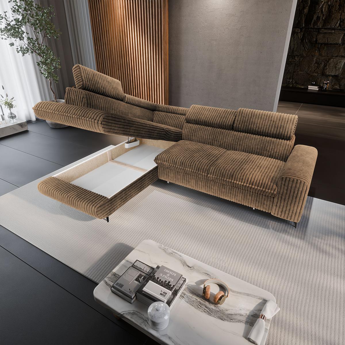 ECKSOFA VELISS Beige Kordstoff mit Schlaffunktion - Beige, Holz (255/193cm) - MASSENO