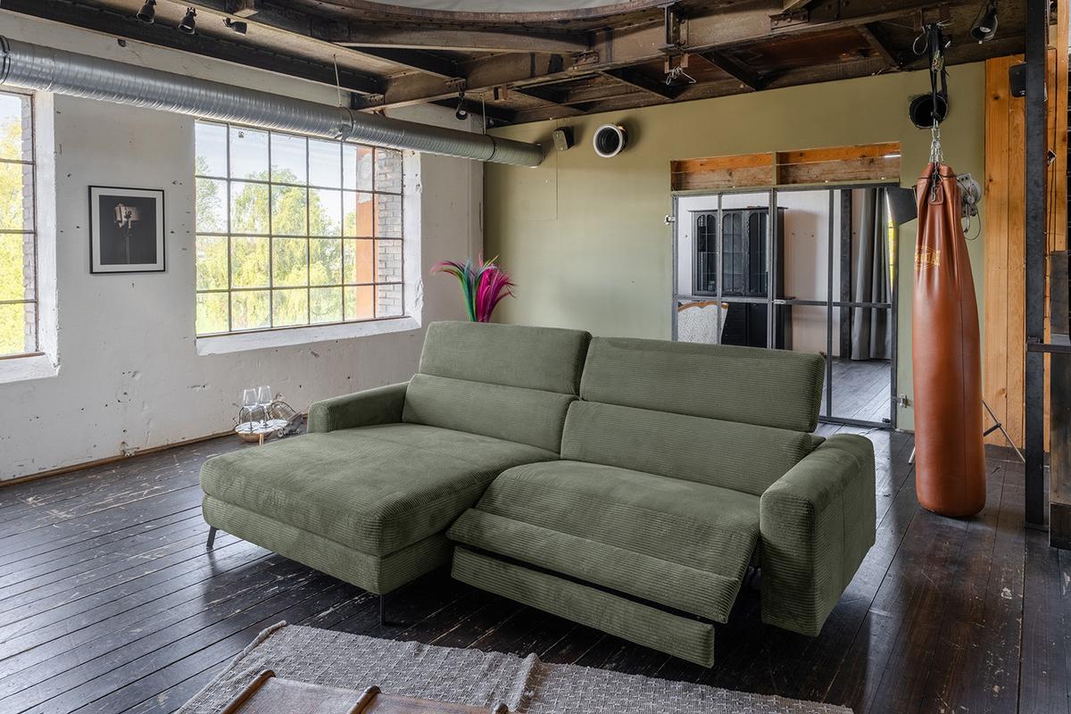 ECKSOFA LAISKA Grün Cord Relaxfunktion - Schwarz/Olivgrün, Textil/Metall (282/177cm) - KAWOLA