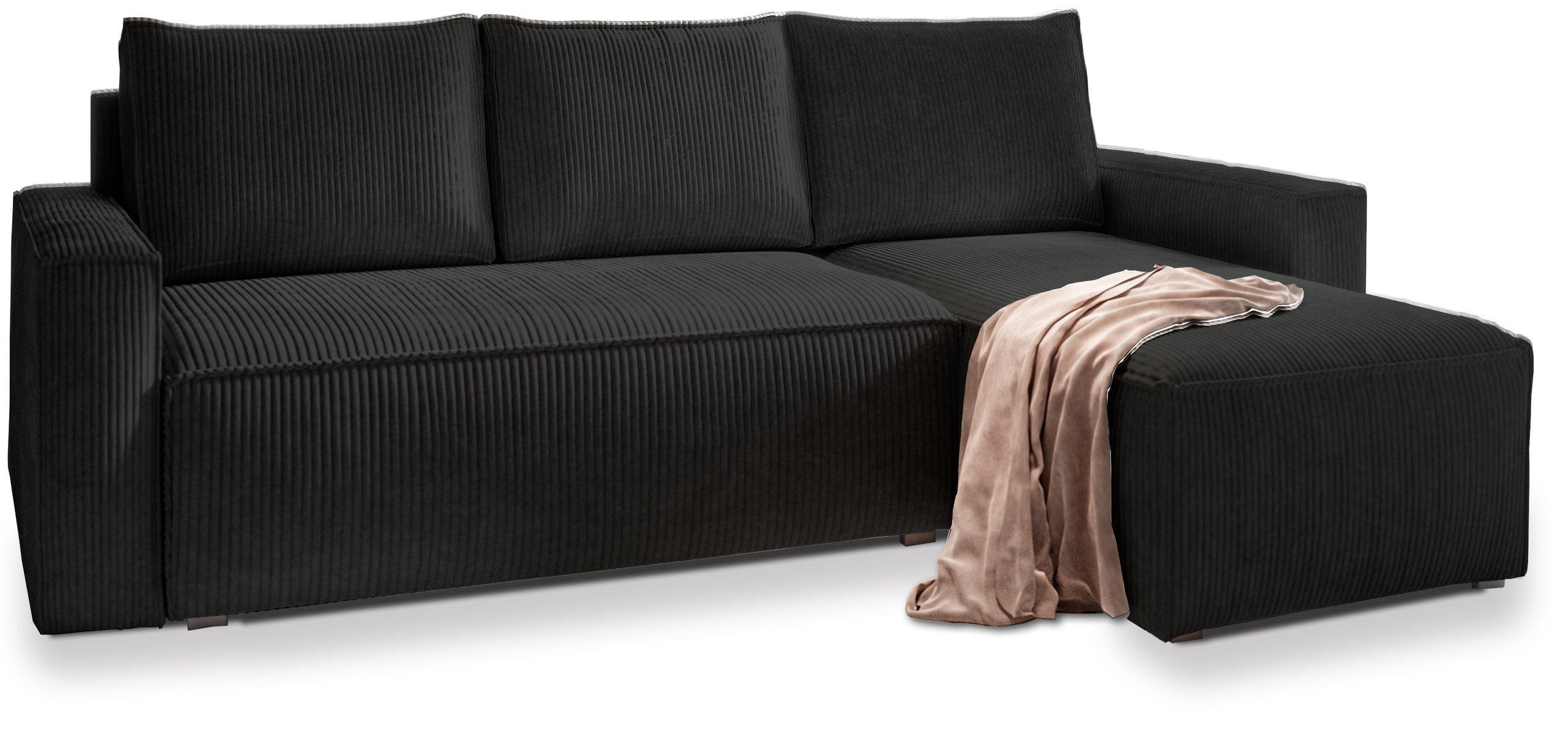ECKSOFA POTARO Schwarz Kordstoff mit Schlaffunktion - Schwarz/Grau, Holz/Kunststoff (232/140cm) - MASSENO