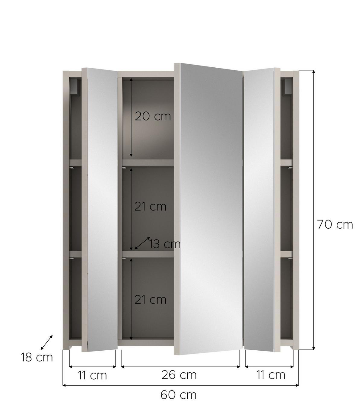 SPIEGELSCHRANK Kaschmir 60 x 70 cm, Badezimmer Schrank 3-türig - Kaschmir, Glas/Holzwerkstoff (60/70/18cm) - Inn.Furn