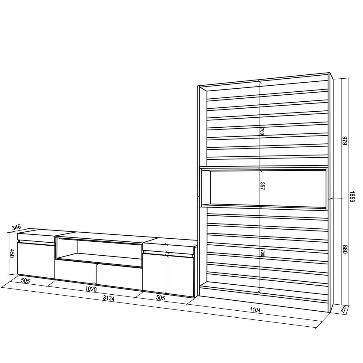 WOHNWAND Wohnzimmer, weiß und schwarz, 310/35/186cm - Schwarz/Weiß, Holzwerkstoff (310/186/35cm) - Skraut Home