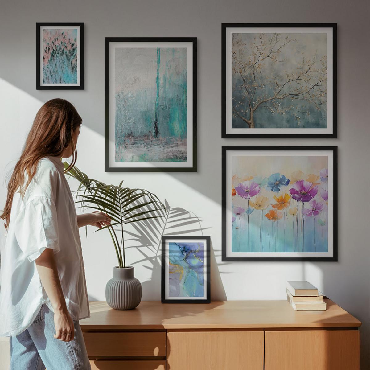 BILDER SET 5er Set - 50x50 cm & 20x30 cm & 40x60 cm Schwarzer Rahmen - Leuchtturm, Landschaft, Mädchen, Pferd - Schwarz, Kunststoff (40/60cm) - TULUP