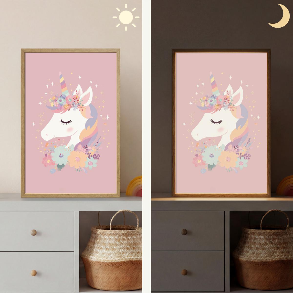 WANDLEUCHTE MIT AKKU Einhorn - Rosa - Blumen 40x60 cm - Rosa, Holzwerkstoff (40/60/8cm) - OnlyWow