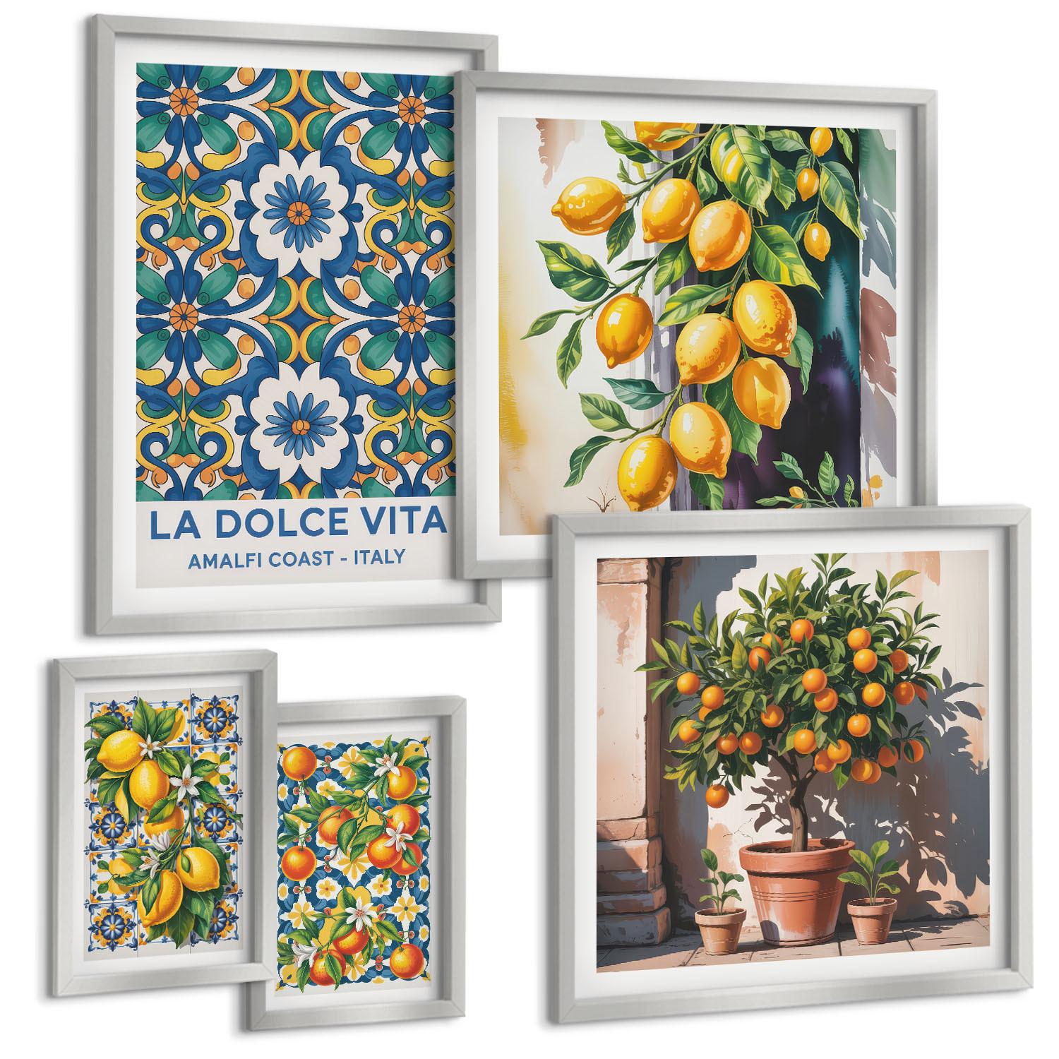BILDER SET 5er Set - 50x50 cm & 20x30 cm & 40x60 cm Silberner Rahmen - Zitronenlimonade blaue Tür - Silberfarben, Kunststoff (40/60cm) - TULUP