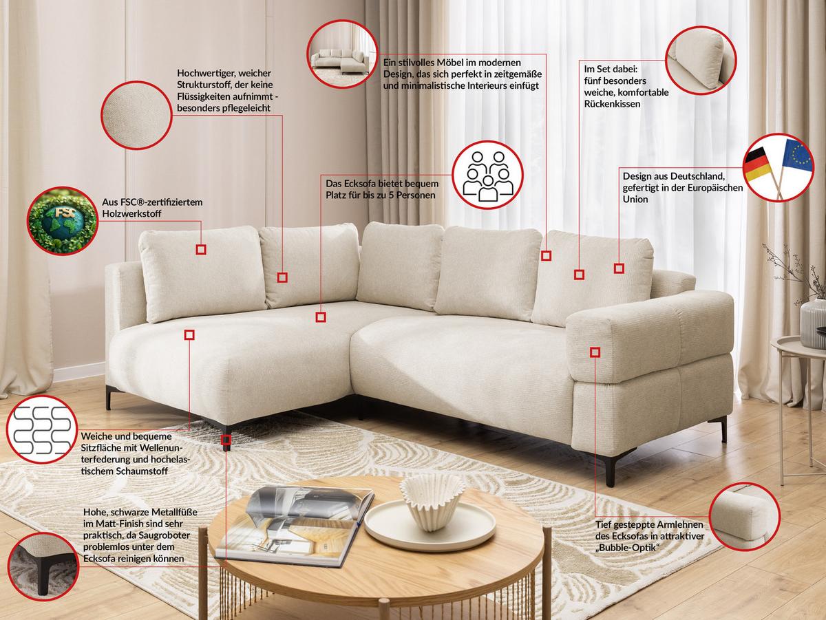 ECKSOFA inkl. Hocker Cardea mit Schlaffunktion in Bubble-Optik aus weichem Hellbeige Strukturstoff und hohem Sitzkomfort - Ottomane links - Beige/Schwarz, Holz/Textil (170/230cm) - S-Style Möbel