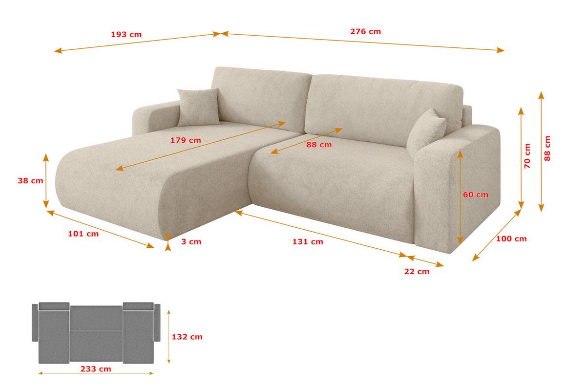 ECKSOFA mit Schlaffunktion Ottomane Links BERY-L 276x193x88 Creme Velours - Creme/Schwarz, Holzwerkstoff/Kunststoff (276/193cm) - ALTDECOR