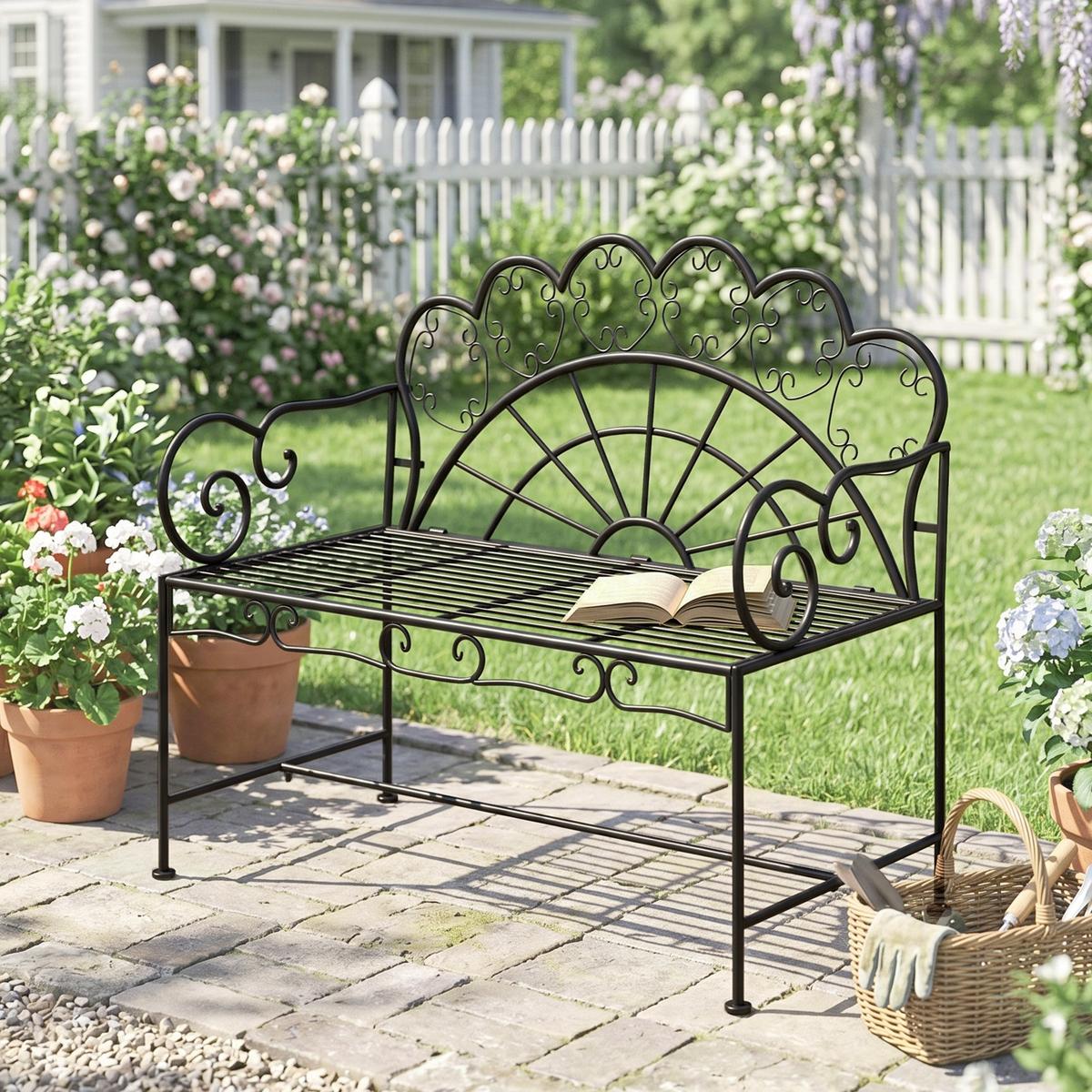 GARTENBANK, 107cm x 55,5cm x 90,5cm, Metall, Schwarz - Schwarz, Metall (55.5/92/107cm) - Outsunny