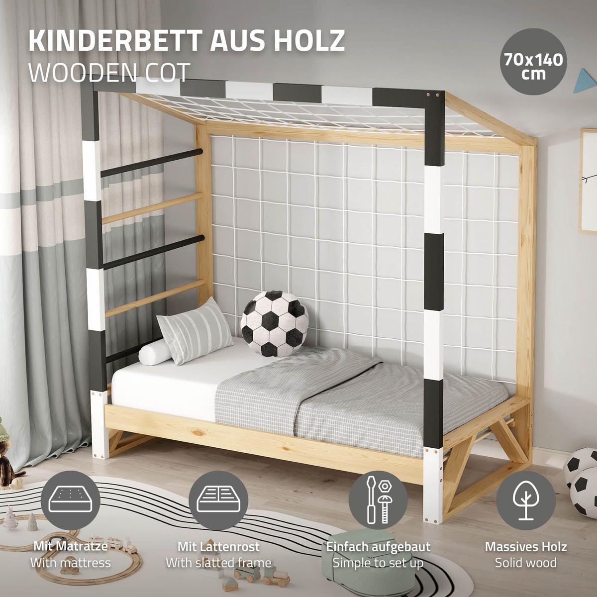 KINDERBETT Fußballtor mit Matratze 70 x 140 cm Schwarz-Weiß Kiefernholz - Naturfarben, Holz (70/150cm) - ML-DESIGN