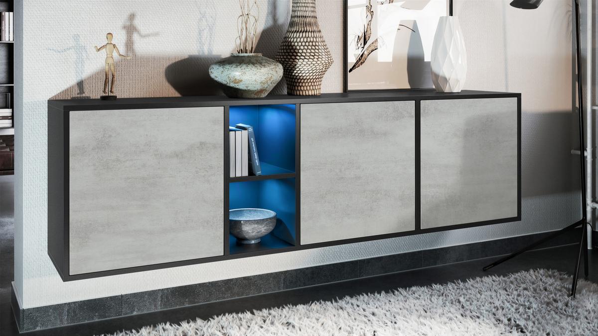 SIDEBOARD Cuba Türen in Beton Oxid Optik - Hellgrau, Holzwerkstoff (182/53/35cm) - Vladon