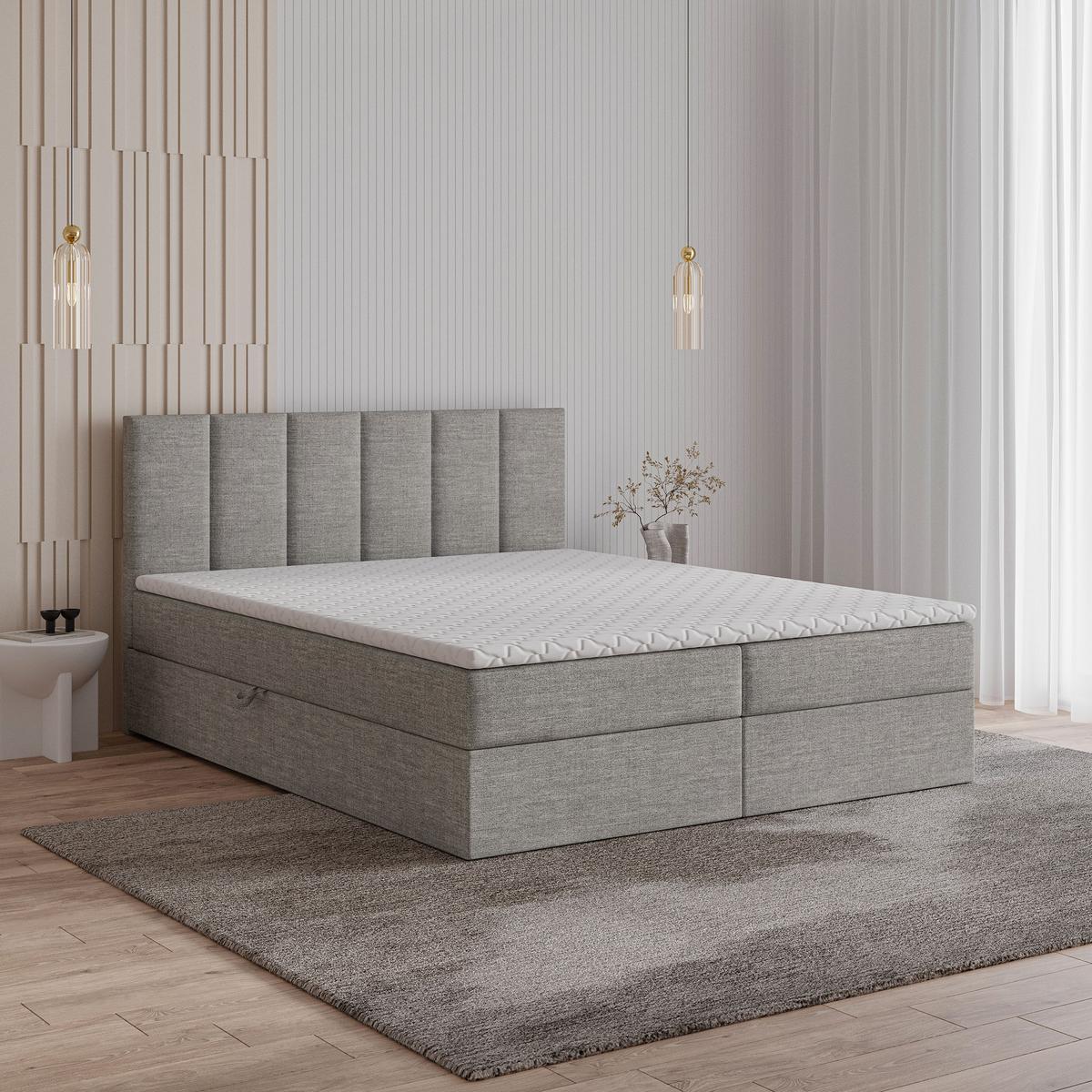 BOXBETT MERIL 200x200 cm mit Matratze und Topper, H2+H3 - Hellgrau - Hellgrau, Holz (200/200cm) - MASSENO