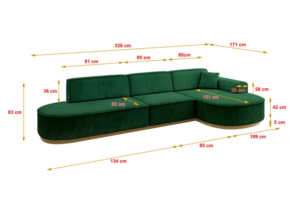 ECKSOFA Ottomane Rechts MARI-L2-v2 - 328x171x83 cm Dunkelgrün Velours - Dunkelgrün, Holzwerkstoff/Textil (171/328cm) - ALTDECOR