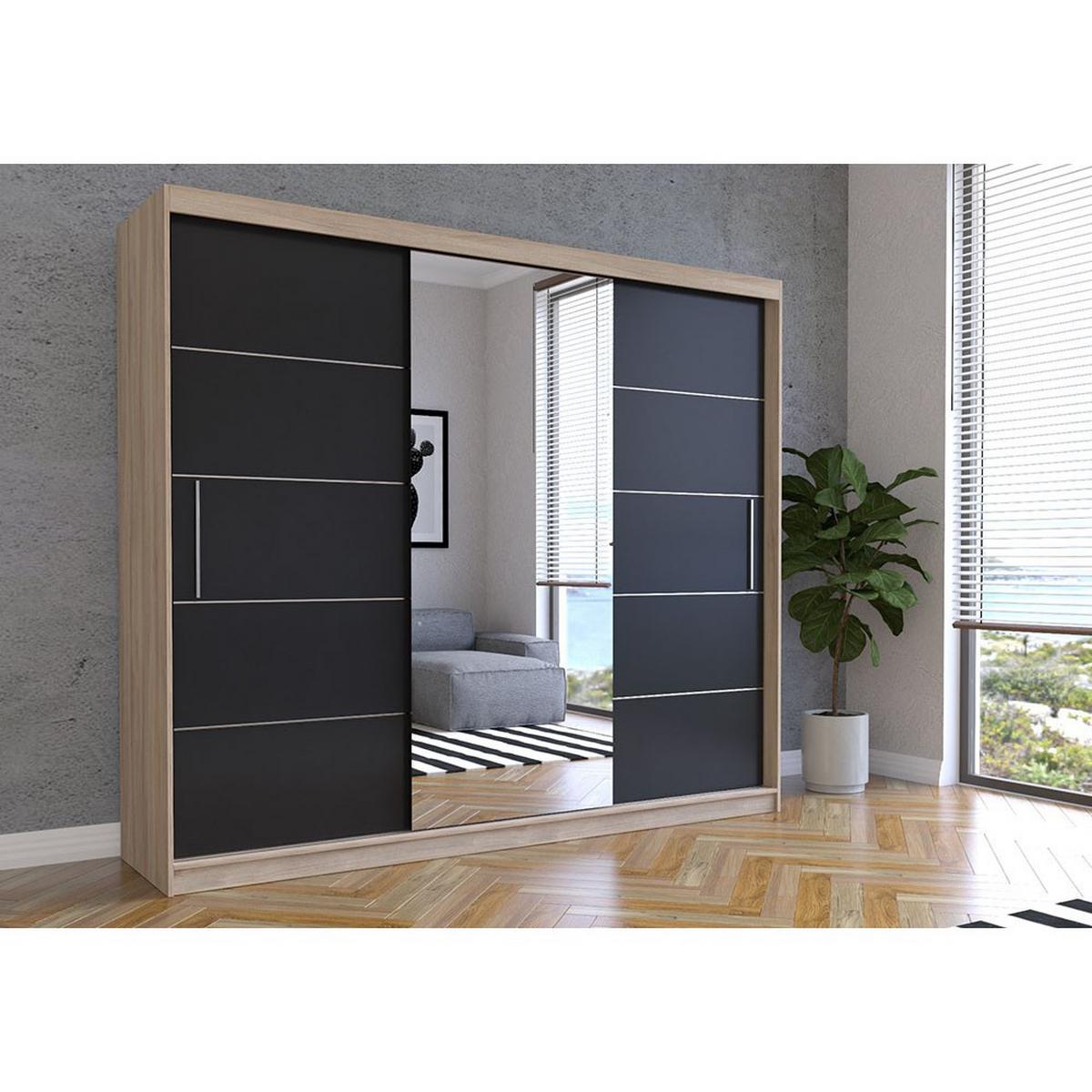SCHWEBETÜRENSCHRANK Alba Sonoma Eiche/Schwarz + Spiegel, mit LED - Beleuchtung 250 cm - Schwarz/Alufarben, Glas/Holzwerkstoff (250/218/61cm) - imoebel24