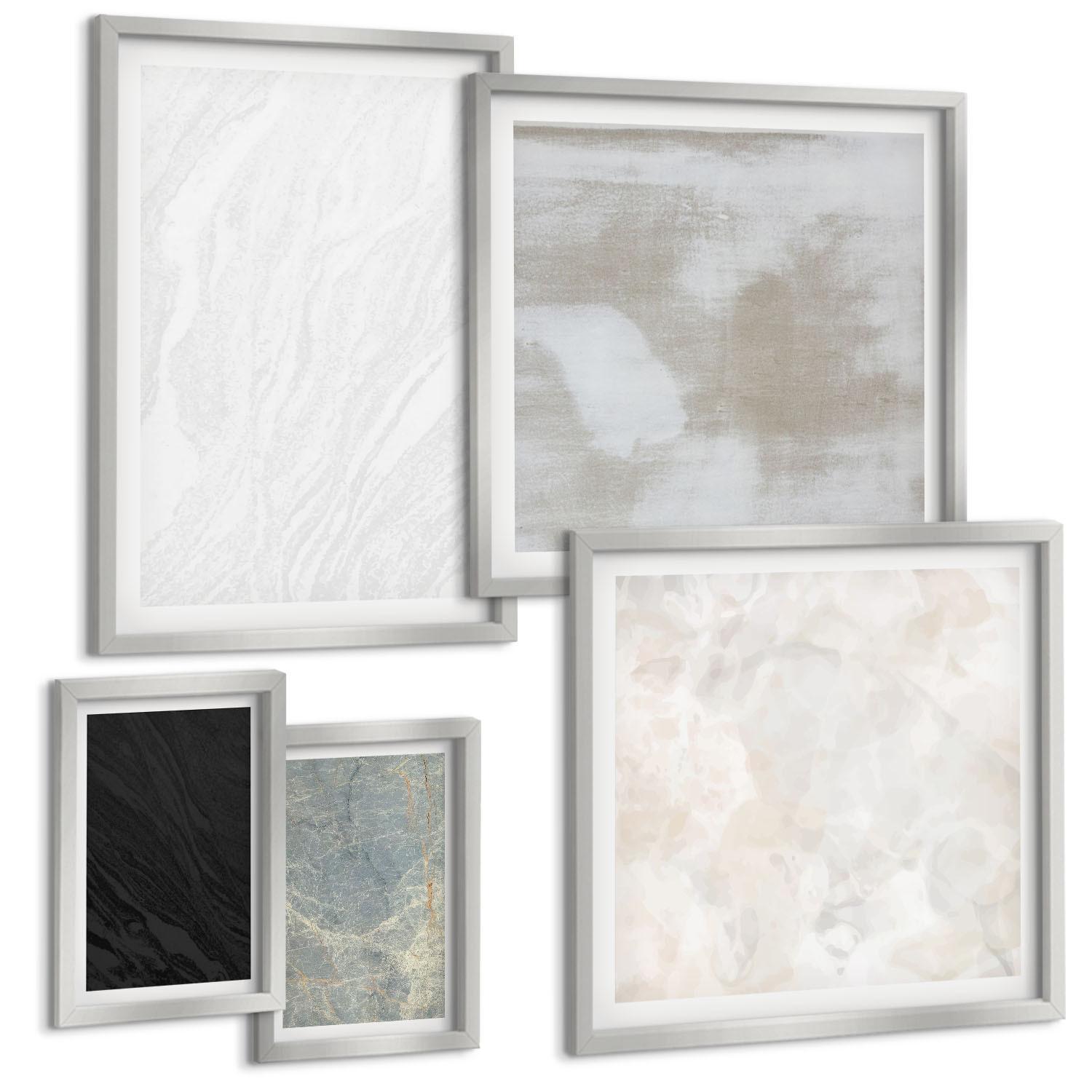 BILDER SET 5er Set - 50x50 cm & 20x30 cm & 40x60 cm Silberner Rahmen - Steintexturen - Silberfarben, Kunststoff (40/60cm) - TULUP