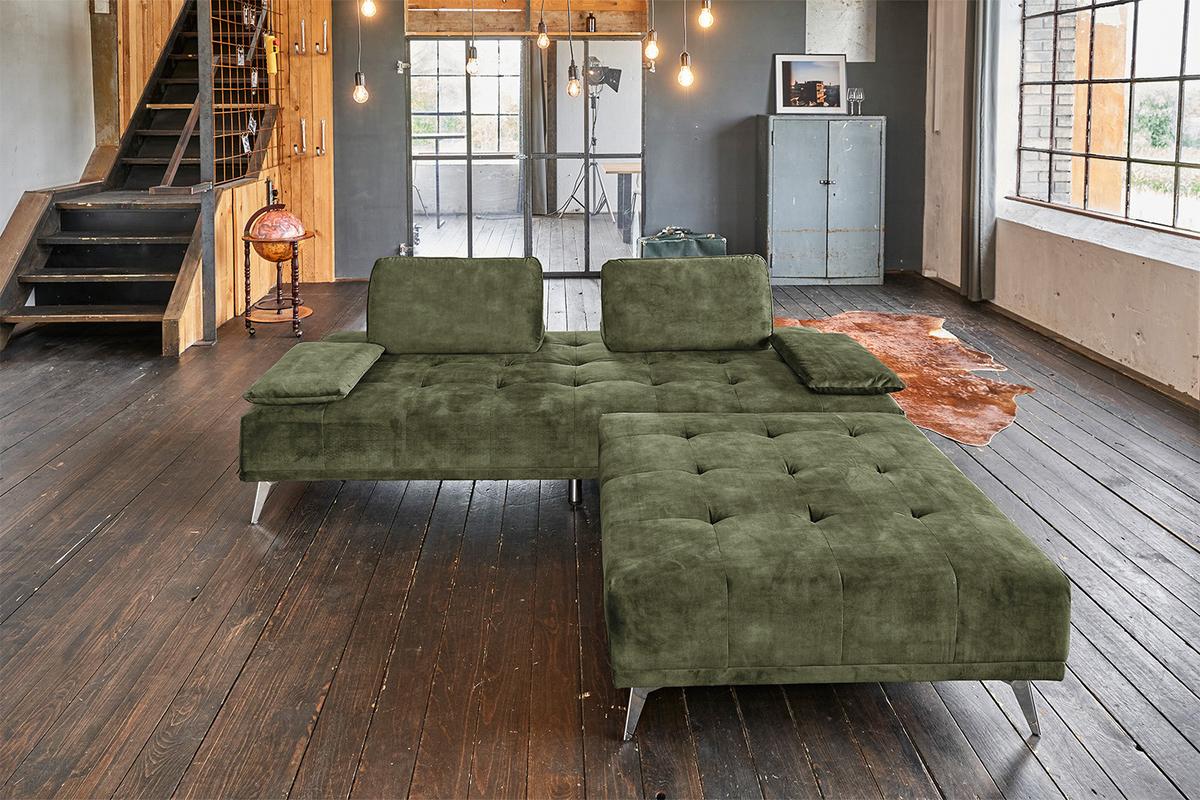 SOFA MIT HOCKER WIOLO Dunkelgrün Velvet - Dunkelgrün/Silberfarben, Textil/Metall (240/80/110cm) - KAWOLA