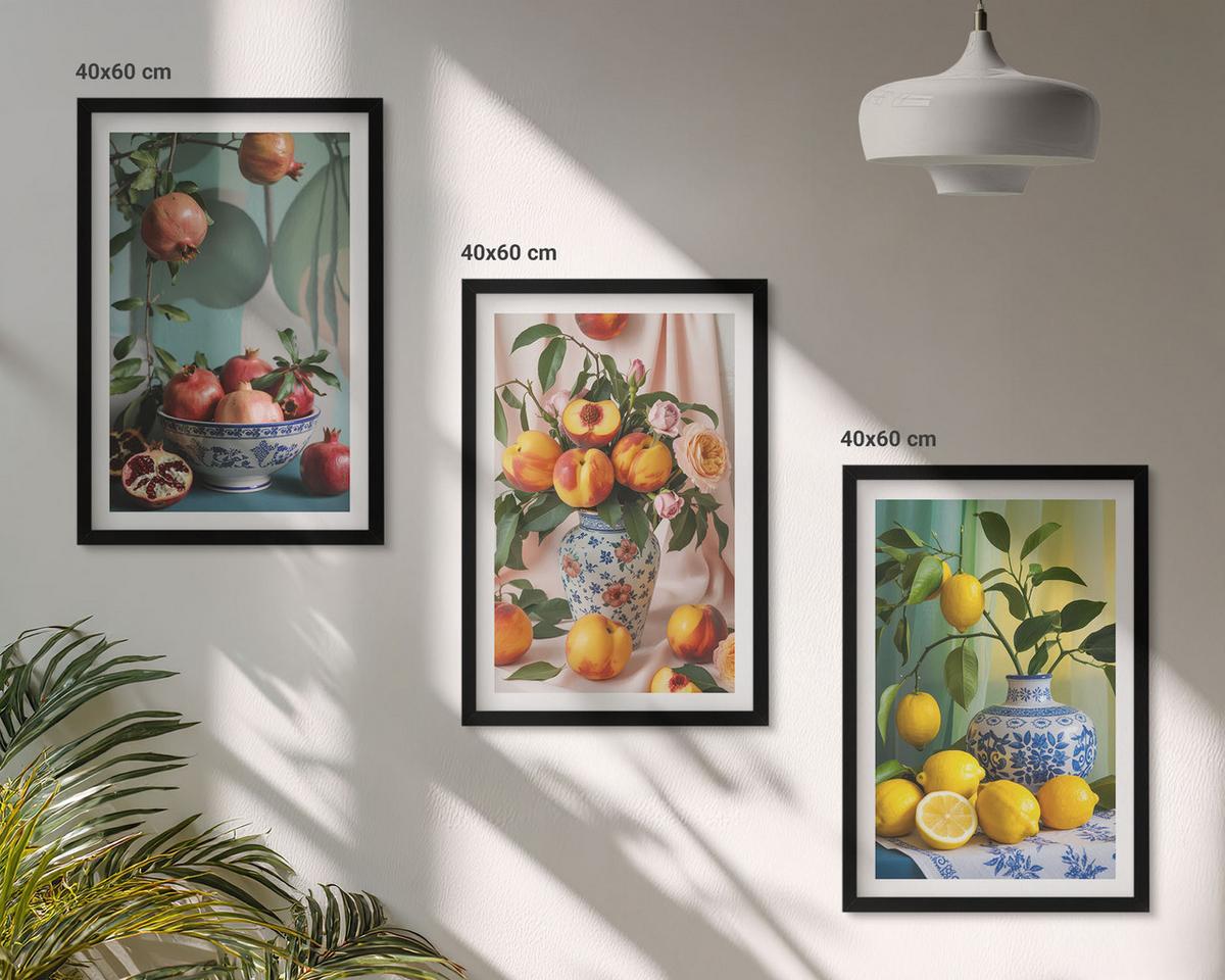 BILDER SET 3er Set - 40x60 cm Schwarzer Rahmen - Granatäpfel, Pfirsiche, Zitronen - Schwarz, Kunststoff (40/60cm) - TULUP