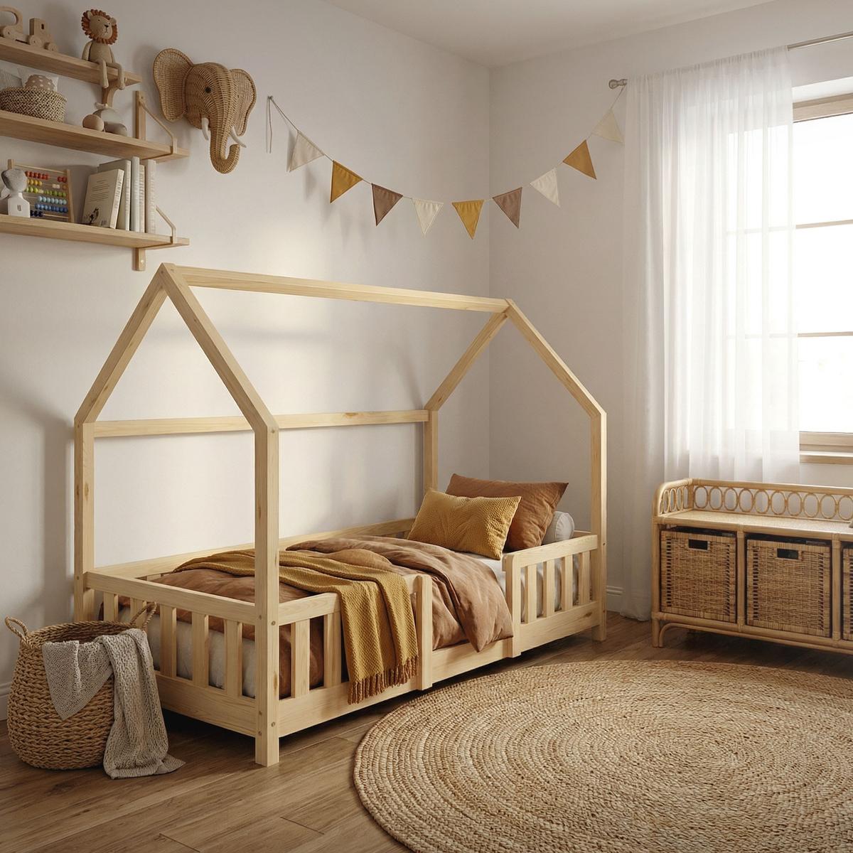 KINDERBETT 80x160 cm mit Matratze & Rausfallschutz Natur aus Kiefernholz - Naturfarben, Holz (80/160cm) - ML-DESIGN